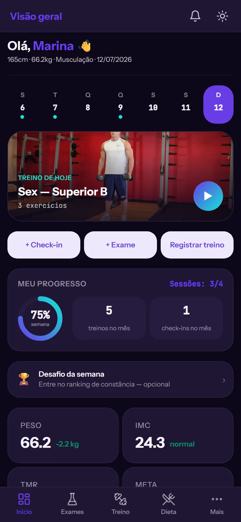 Tela inicial do Orkadu: semana de treinos, treino do dia e progresso