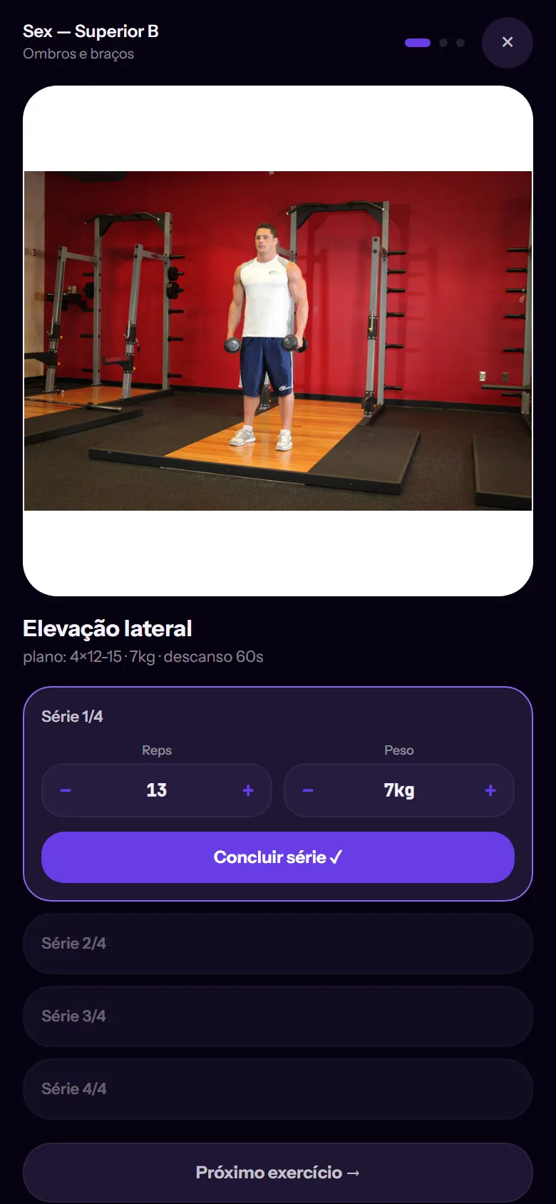Player de treino guiado do Orkadu: série a série com descanso cronometrado